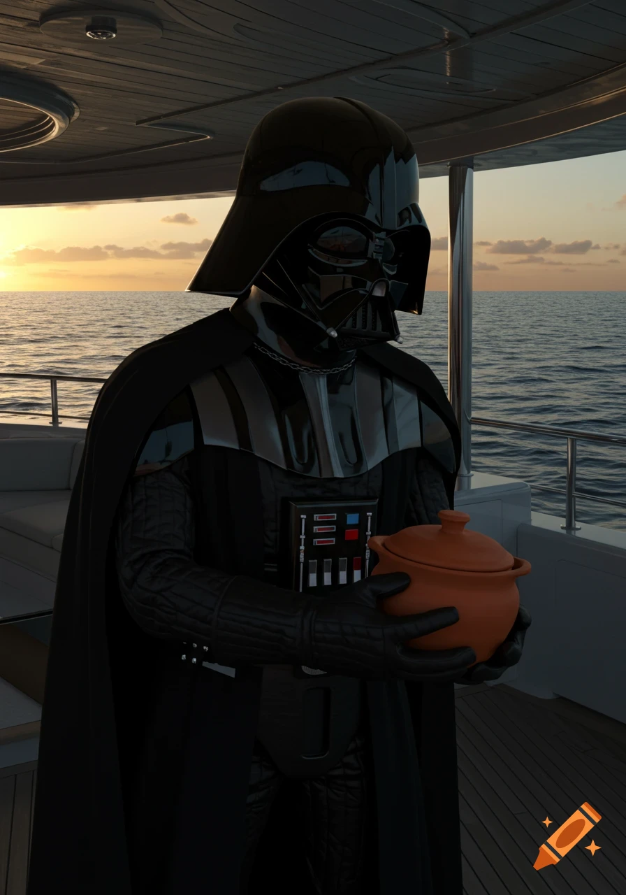 Photorealistic image of Darth Vader in full suit holding a clay pot on a yacht deck at sunset over the ocean.