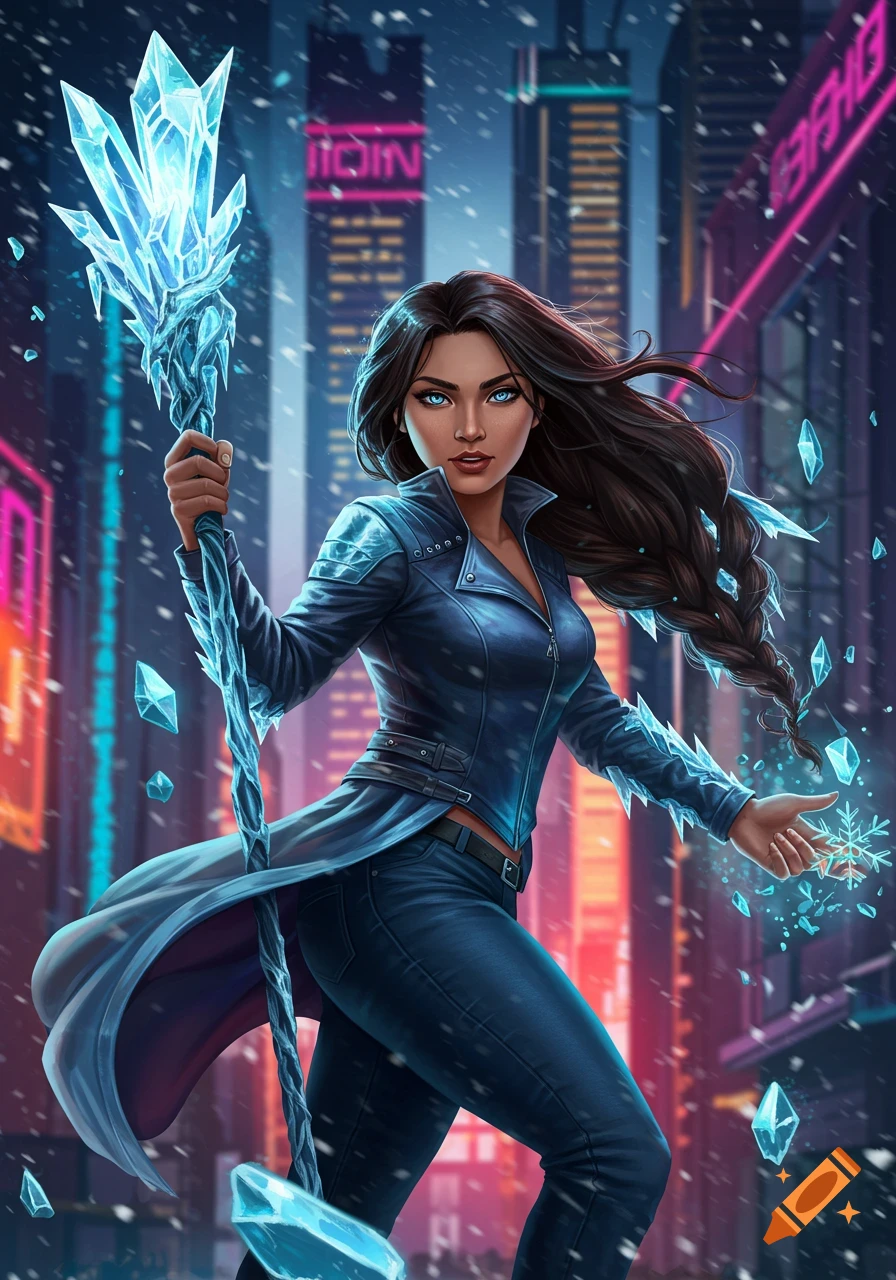 A woman with dark hair and blue eyes, wearing a dark blue coat, holds an ice staff while conjuring ice in a snowy cyberpunk city.