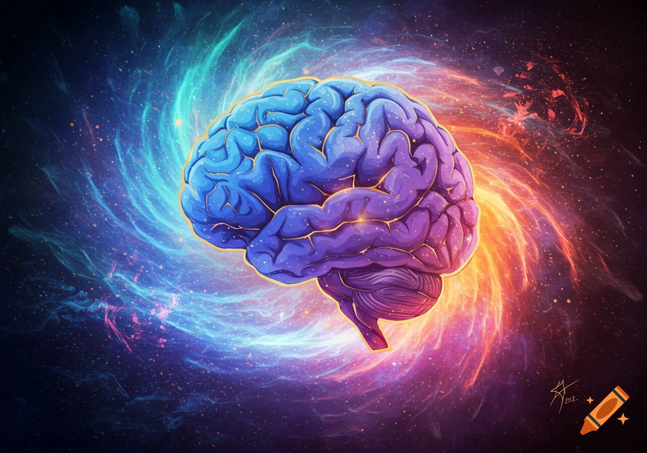 A vibrant, stylized human brain, blue and purple, against a swirling cosmic background of nebulae and stars.