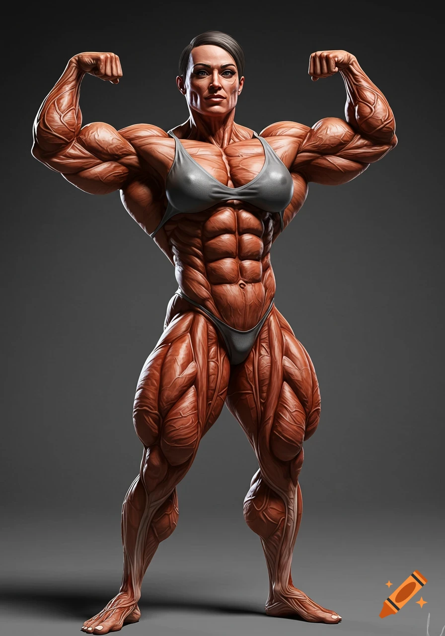 A highly muscular female bodybuilder poses, flexing her biceps, against a gray background.