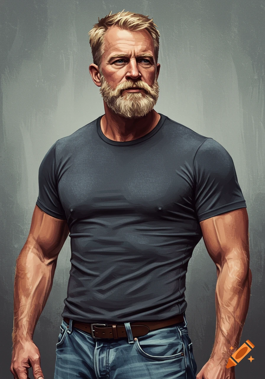 Muscular man with blond hair and beard wearing a dark grey t-shirt and jeans, looking to the right. Stylized illustration.