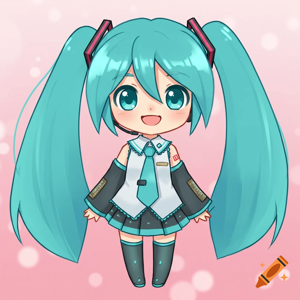 A cute chibi Hatsune Miku stands smiling with her signature long turquoise pigtails, wearing a white shirt, black skirt, and headset.