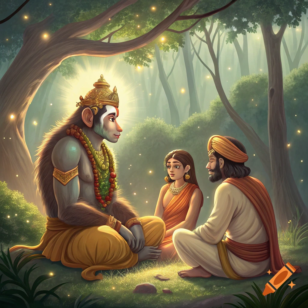 A monkey-like deity and two human figures, dressed in traditional attire, sit under a tree in a glowing, serene forest.
