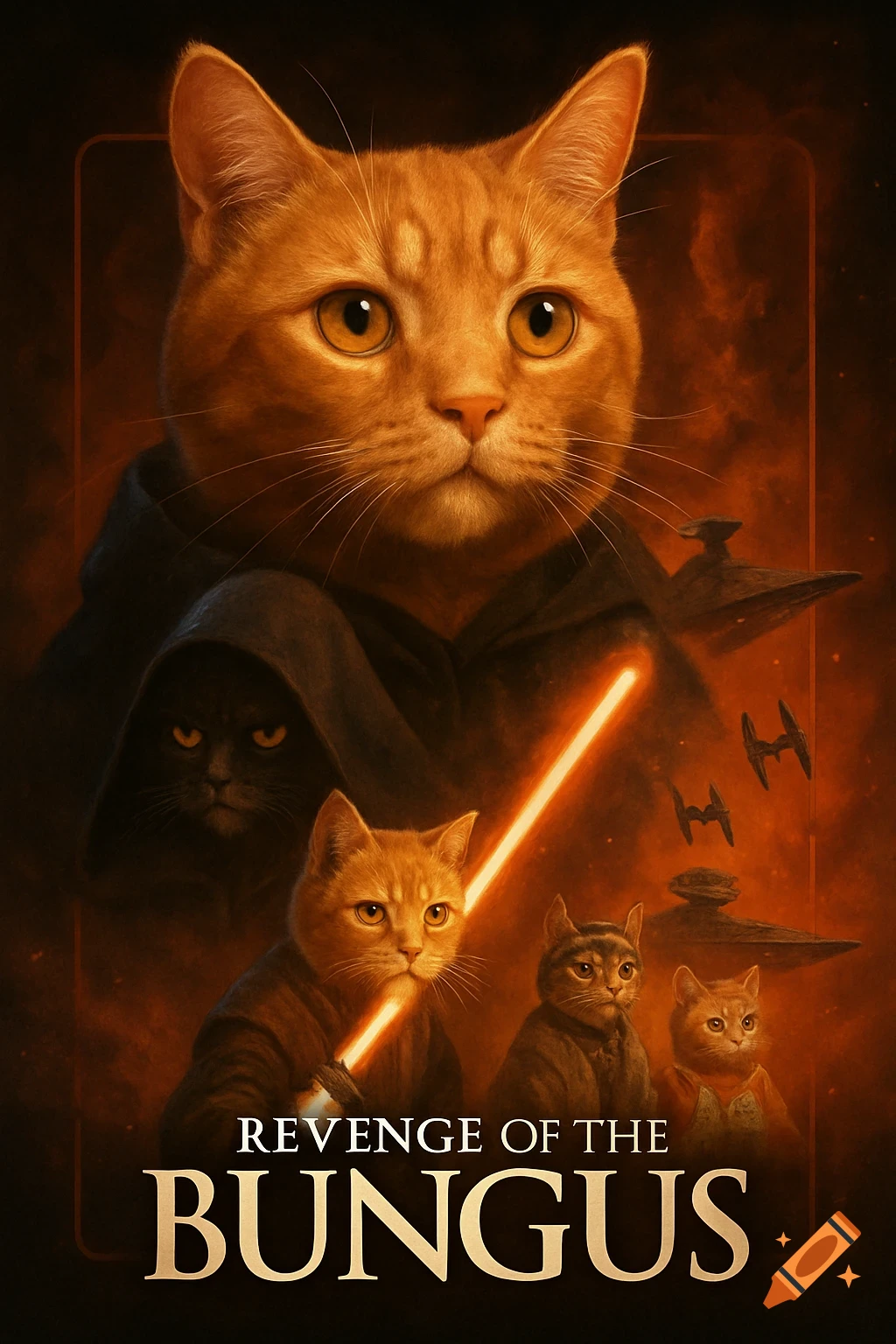 A movie poster featuring cats in Star Wars attire, with an orange cat at the top and a lightsaber, titled 'REVENGE OF THE BUNGUS'.