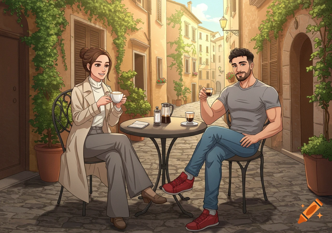 Anime illustration of a man and woman having coffee at an outdoor Italian cafe.