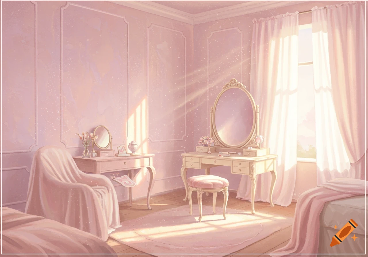A soft pastel pink room with vintage vanity tables, an armchair, and bed, bathed in sunlight from a window.