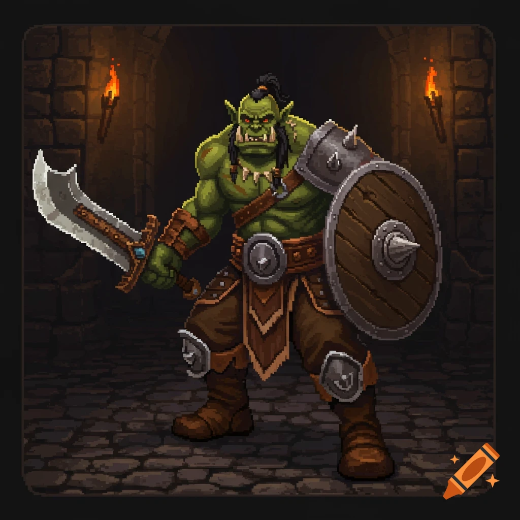 A fierce green pixel art orc in armor, holding a sword and shield, stands in a dark stone dungeon lit by torches.
