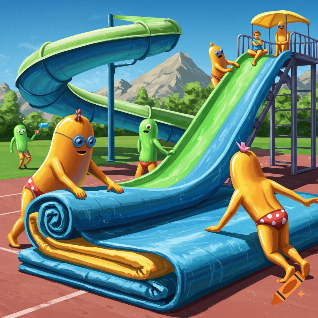 Colorful cartoon characters resembling hot dogs and pickles in swimwear are at a water park. One character rolls up a large blue mat next to a waterslide.