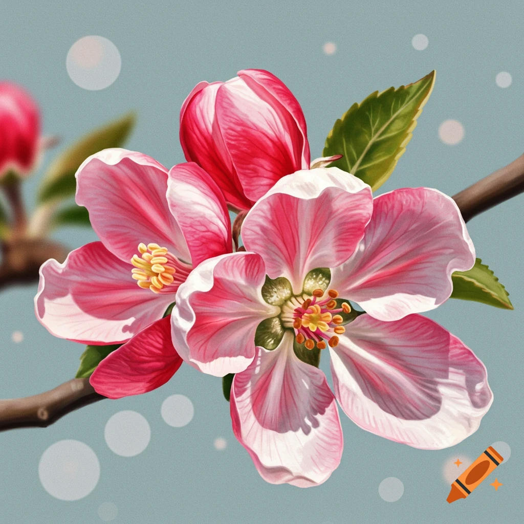 Close-up of pink apple blossoms with green leaves on a branch against a light blue background with bokeh effects, rendered in a realistic, illustrative style.