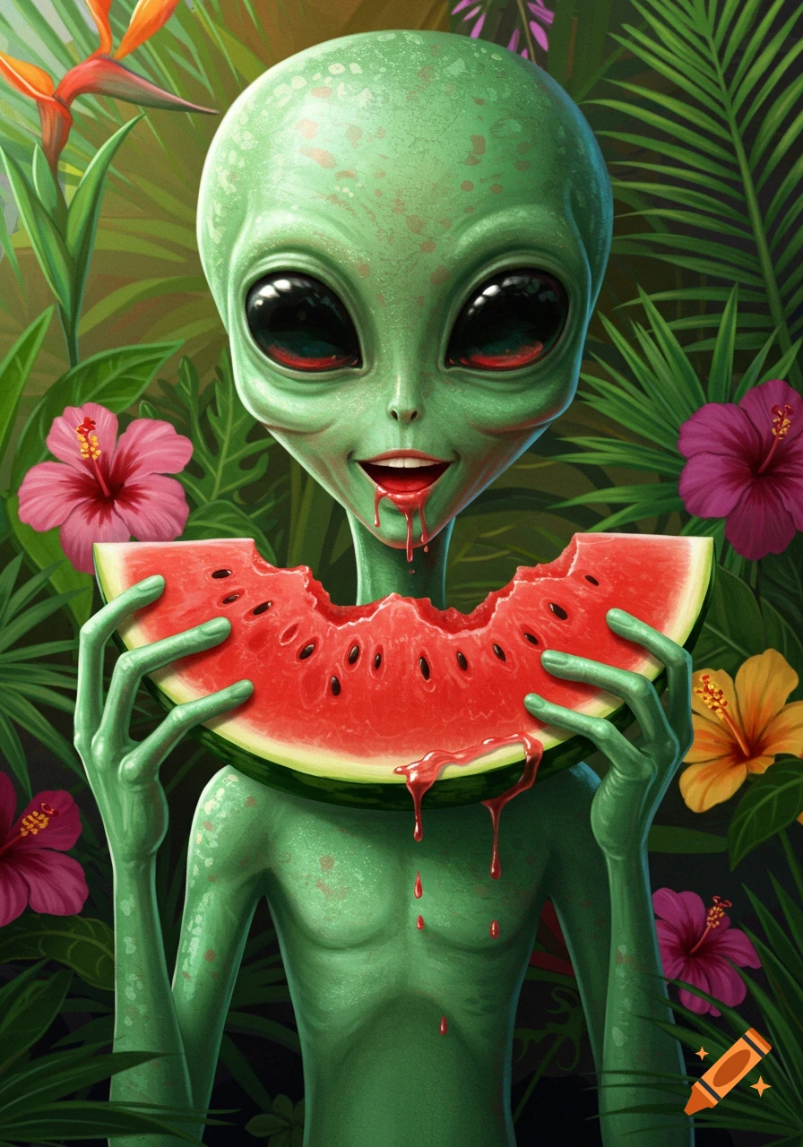 A green alien with large eyes smiles while eating a watermelon slice in a lush tropical jungle with colorful flowers.