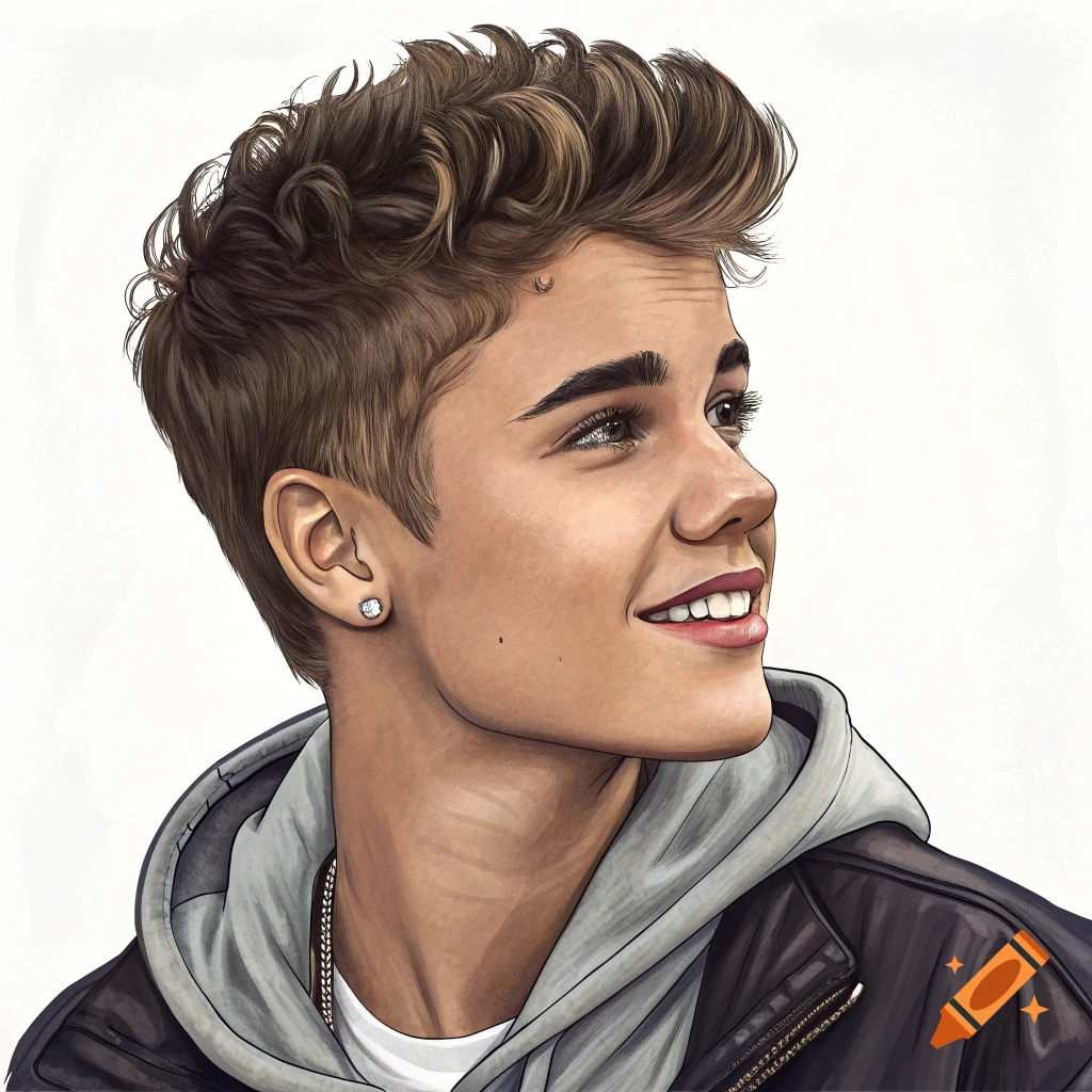 Stylized portrait of a young man resembling Justin Bieber with darker skin, wearing a hoodie and leather jacket.