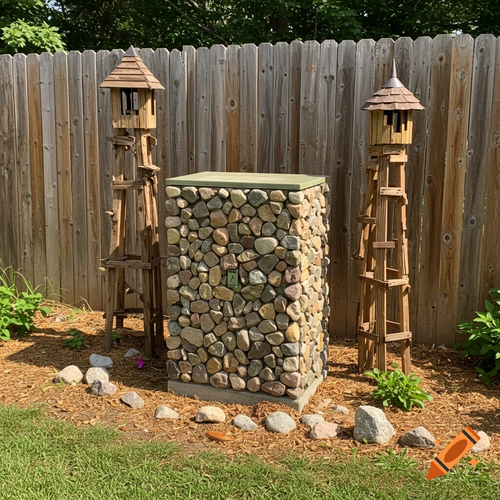 A utility box decorated with river rocks sits between two wooden decorative towers in a mulched garden bed in front of a wooden fence.