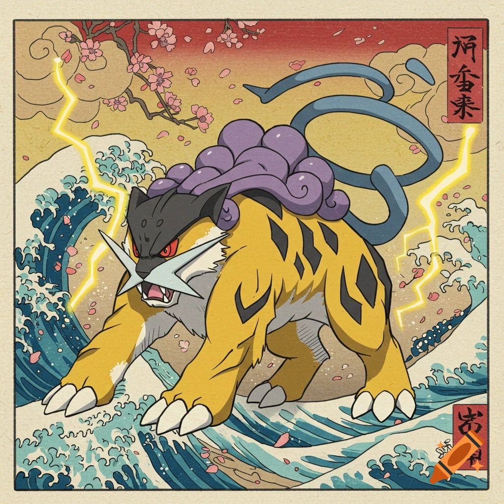 Ukiyo-e style art of the Pok goodmon Raikou, a yellow tiger-like creature with purple fur, amidst crashing waves and cherry blossoms.