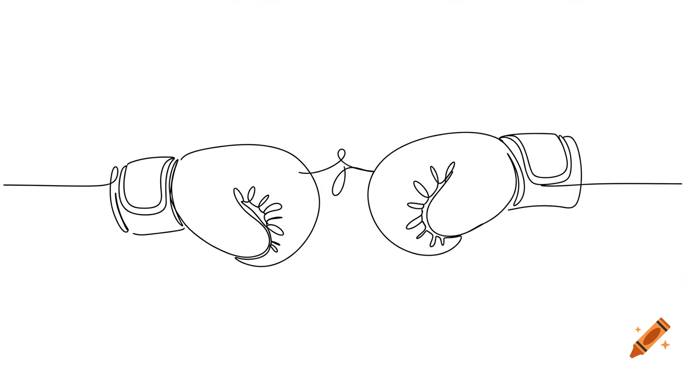 Continuous line art drawing of two boxing gloves touching.