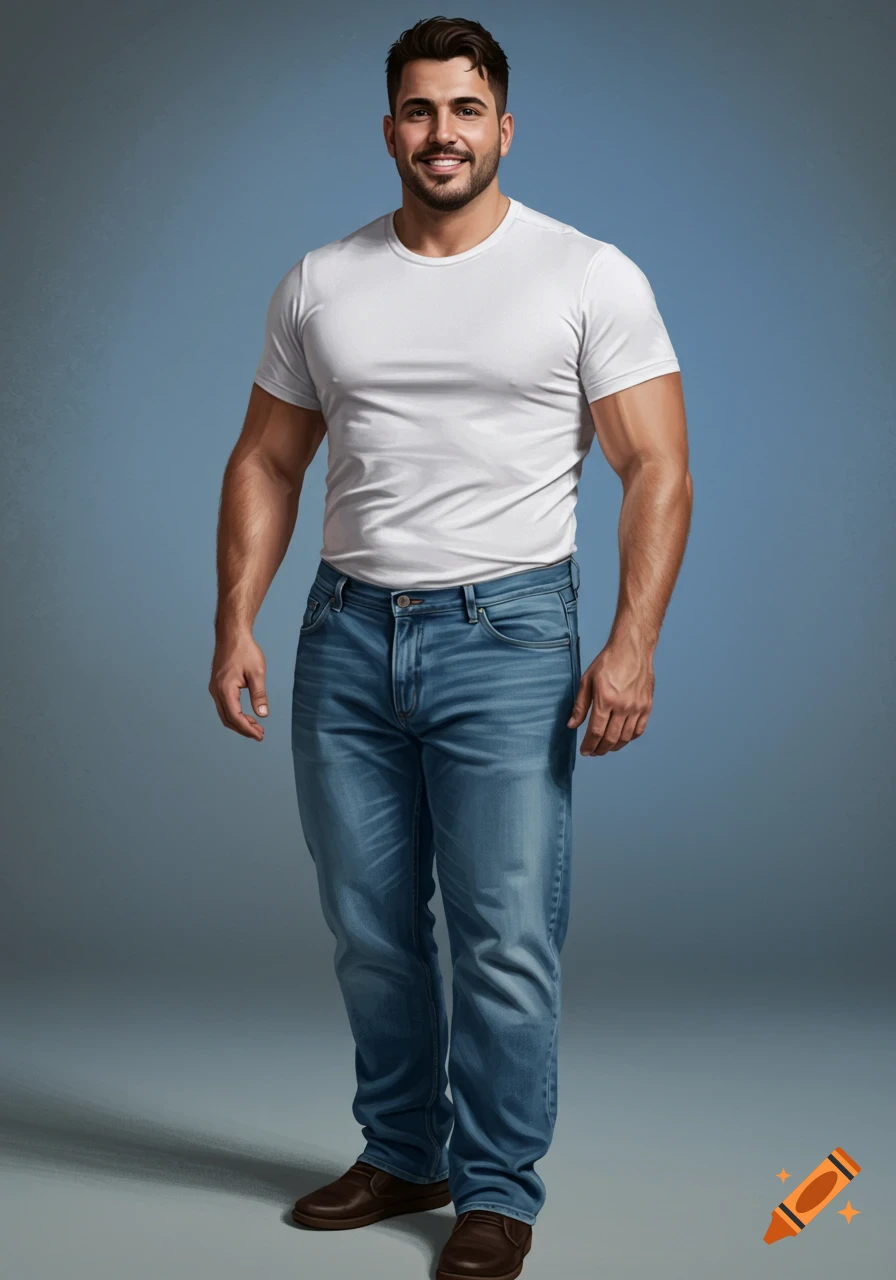 A muscular man with a beard and short dark hair wearing a white t-shirt and blue jeans, standing full-body against a plain blue background, smiling.