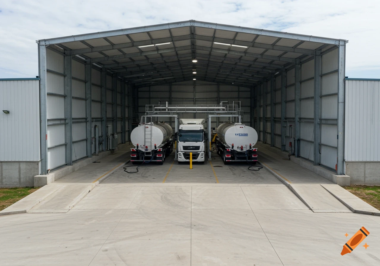 A high, wide outdoor view of a large metal industrial building with three tanker trucks inside, parked at a fueling station.