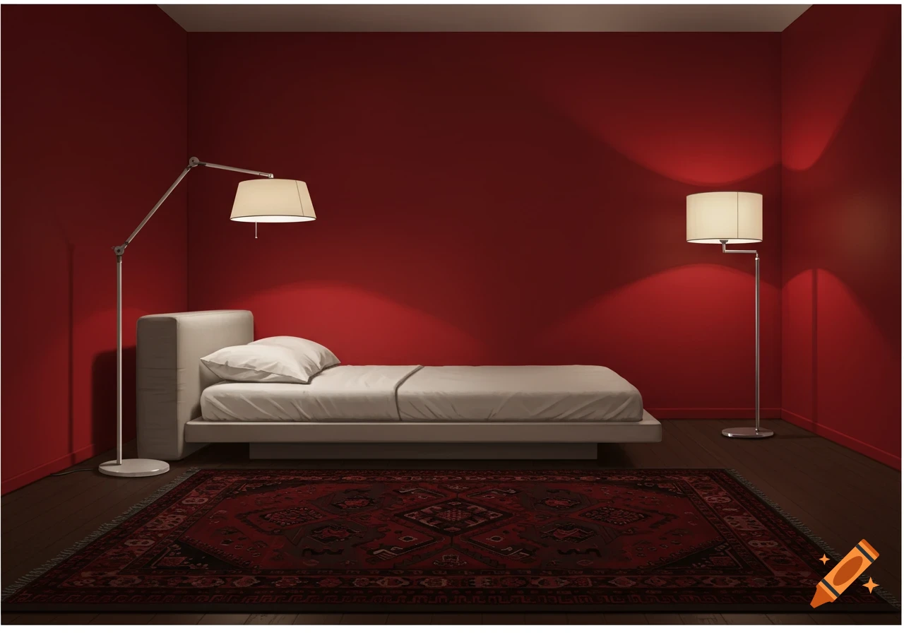 A modern bedroom with vibrant red walls, a white bed, two floor lamps, and a dark patterned rug on a wooden floor.