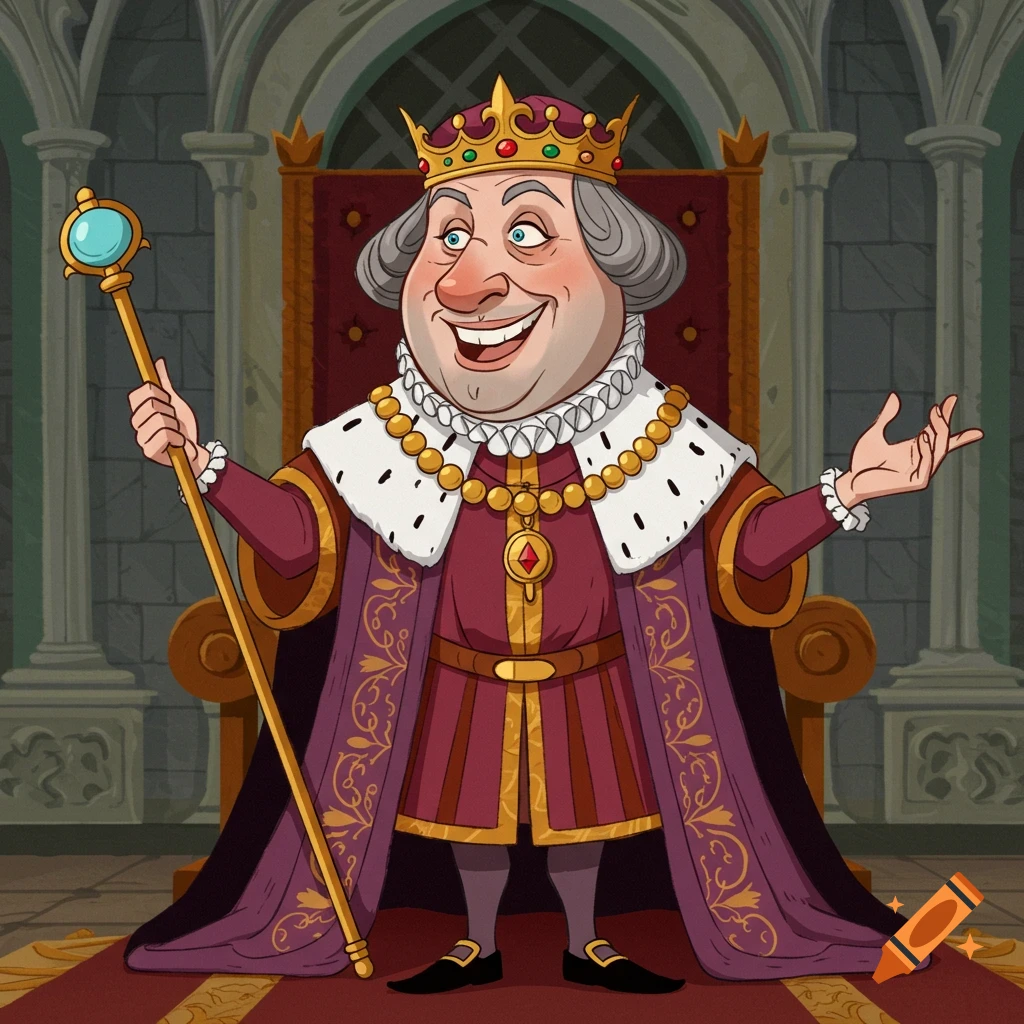 A cartoon king in an animated style, wearing a crown and royal robes,  holding a scepter and gesturing in a throne room. on Craiyon, image size:1024x1024