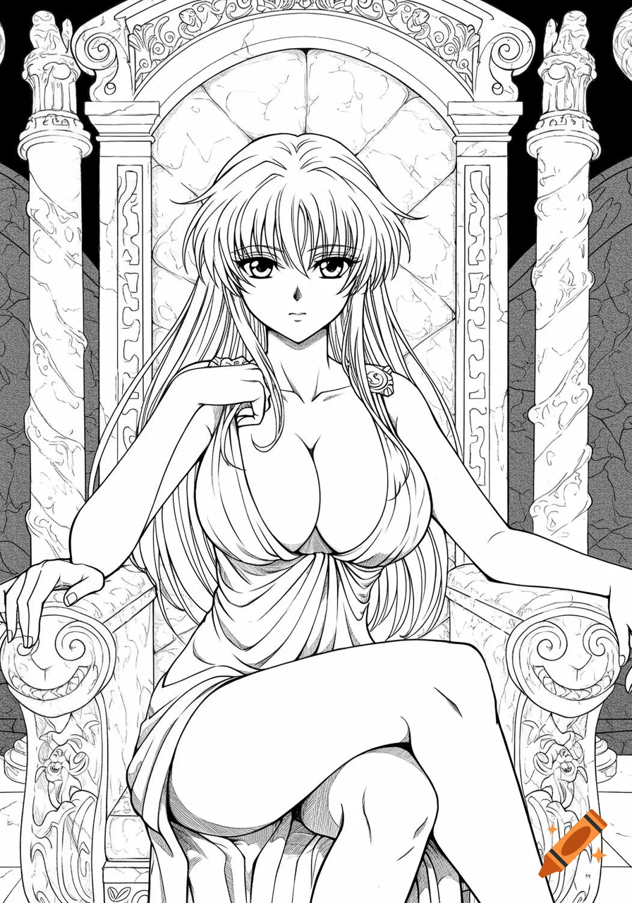 A black-and-white anime drawing of a woman with long hair and a revealing dress, sitting on an ornate Greek throne.