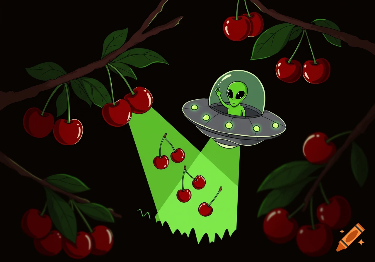 A cartoon alien in a spaceship with a neon green beam collecting red cherries from a dark cherry orchard.