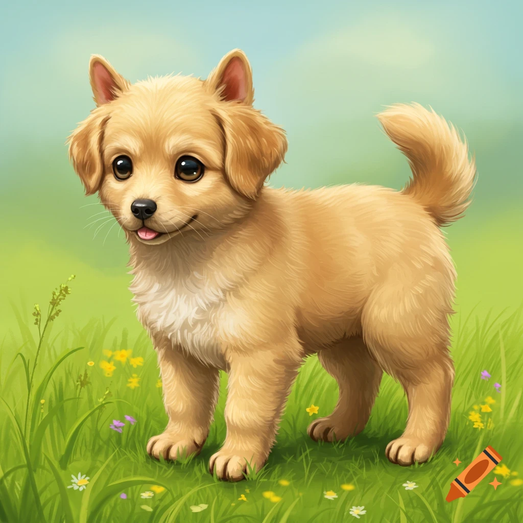A cute, fluffy golden puppy with large eyes and a tiny tongue sticking out stands in a vibrant green grassy field with small colorful flowers.