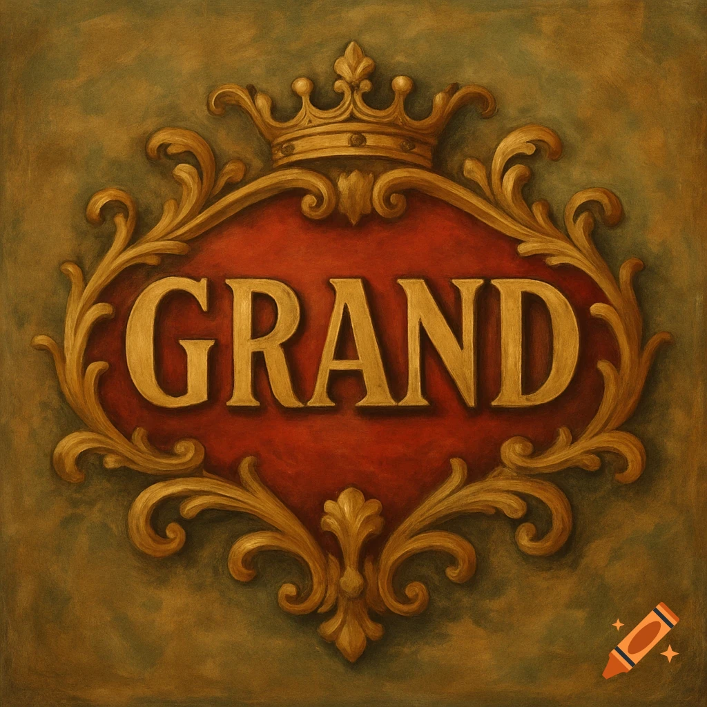 Ornate gold logo with a crown, featuring the word 'GRAND' on a red oval, painted on a textured green background.