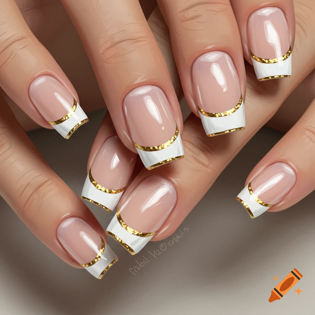 Close-up of a hand with perfectly manicured French tip nails with golden outlines, looking photorealistic.