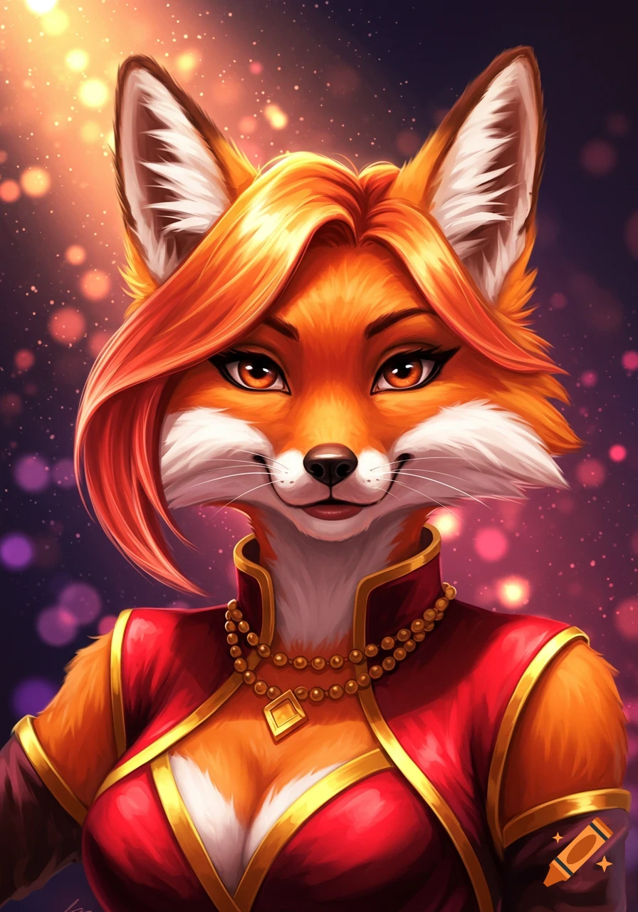 A close-up portrait of an anthropomorphic fox character with reddish-orange fur and vibrant eyes, wearing a red and gold fantasy outfit with a necklace. The background is dark with sparkling bokeh lights.