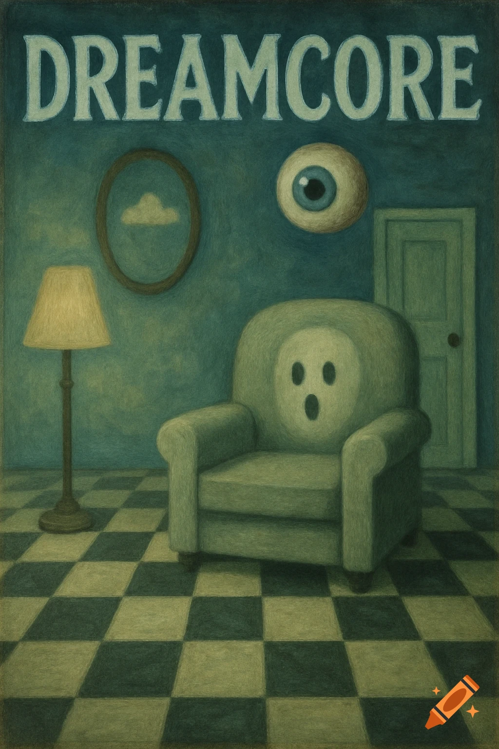 A surreal dreamcore room with a wide-eyed armchair, a floating eyeball, a cloud picture, and 'DREAMCORE' text.
