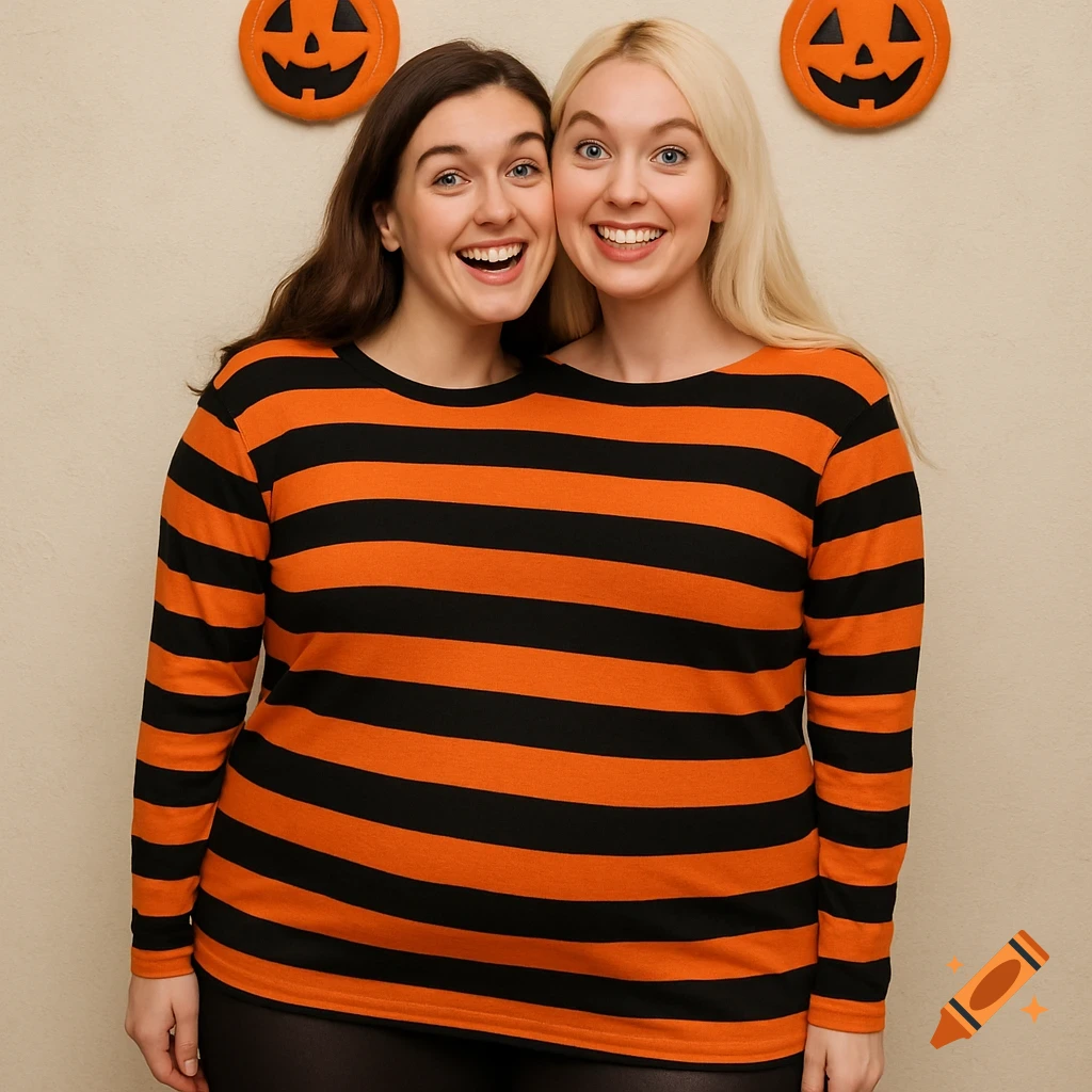 Two smiling women in an orange and black striped shirt create a two-headed illusion, with Halloween pumpkins in the background.