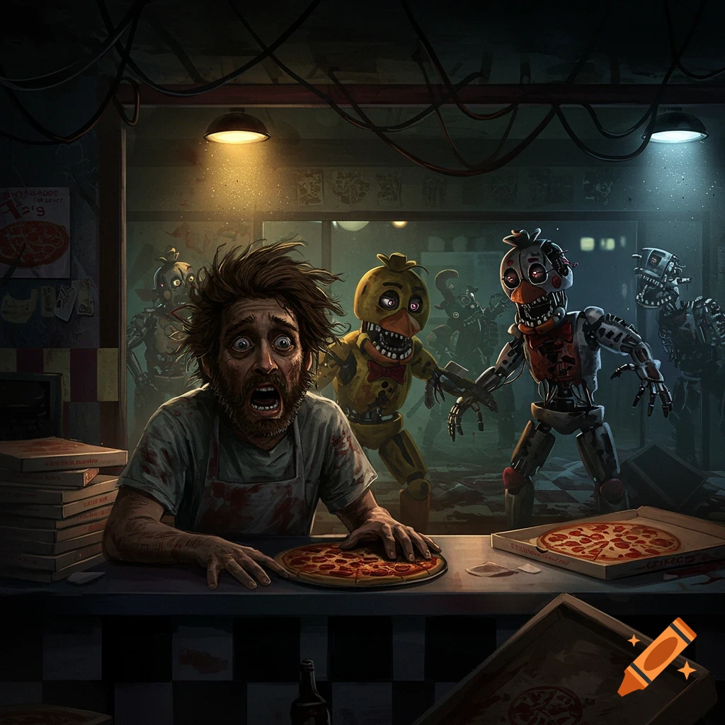 A terrified man screams behind a counter in a dimly lit pizzeria as scary animatronic robots advance.