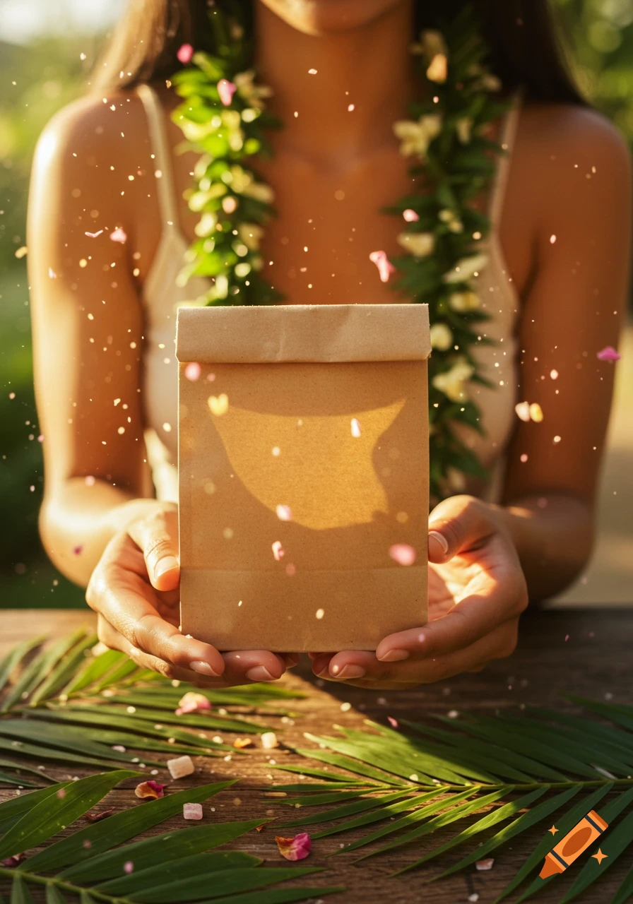 Close-up of a woman's hands holding a blank brown gift bag amidst falling petals and tropical leaves, bathed in golden hour sunlight.