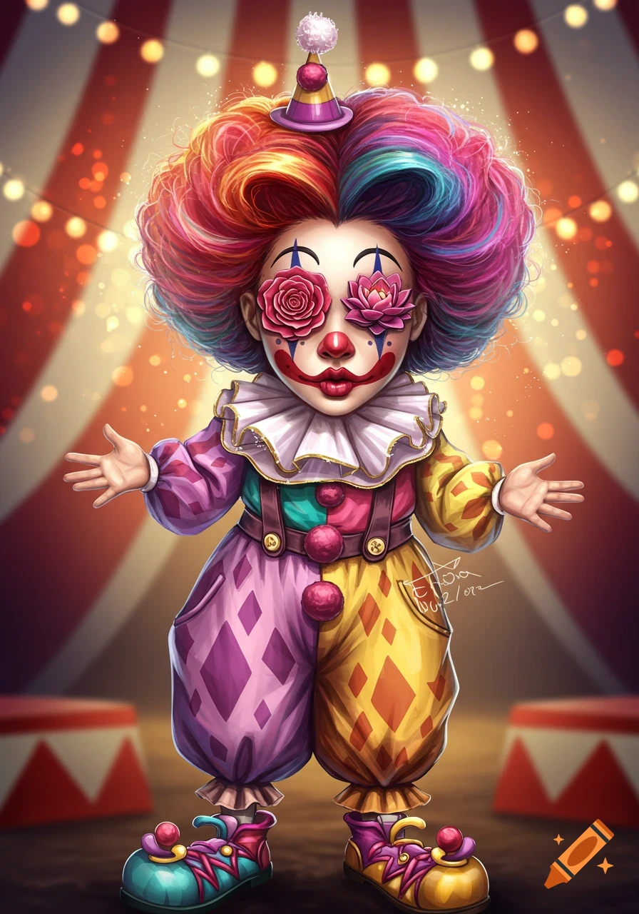 A colorful, whimsical clown with a rainbow afro, a party hat, and large rose and lotus flowers covering their eyes stands in a circus tent.