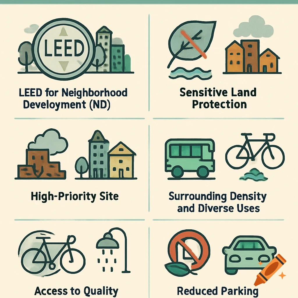 An infographic with six panels, each featuring an icon and text related to LEED sustainability credits for neighborhood development, including sensitive land protection, high-priority sites, density and diverse uses, access to quality (transit), and reduced parking.