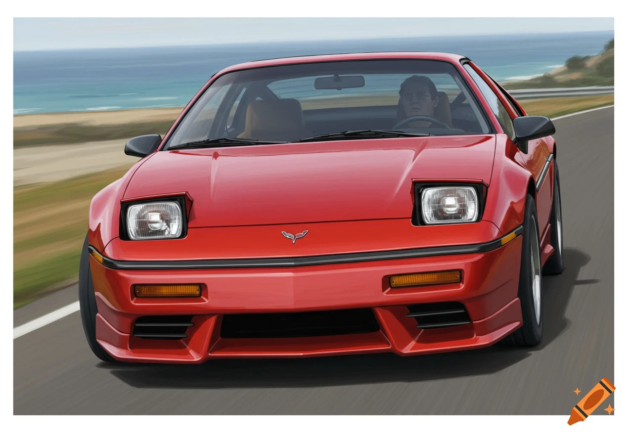 A red 1987 Pontiac Fiero GT drives on a coastal highway, facing forward, with a driver visible inside.