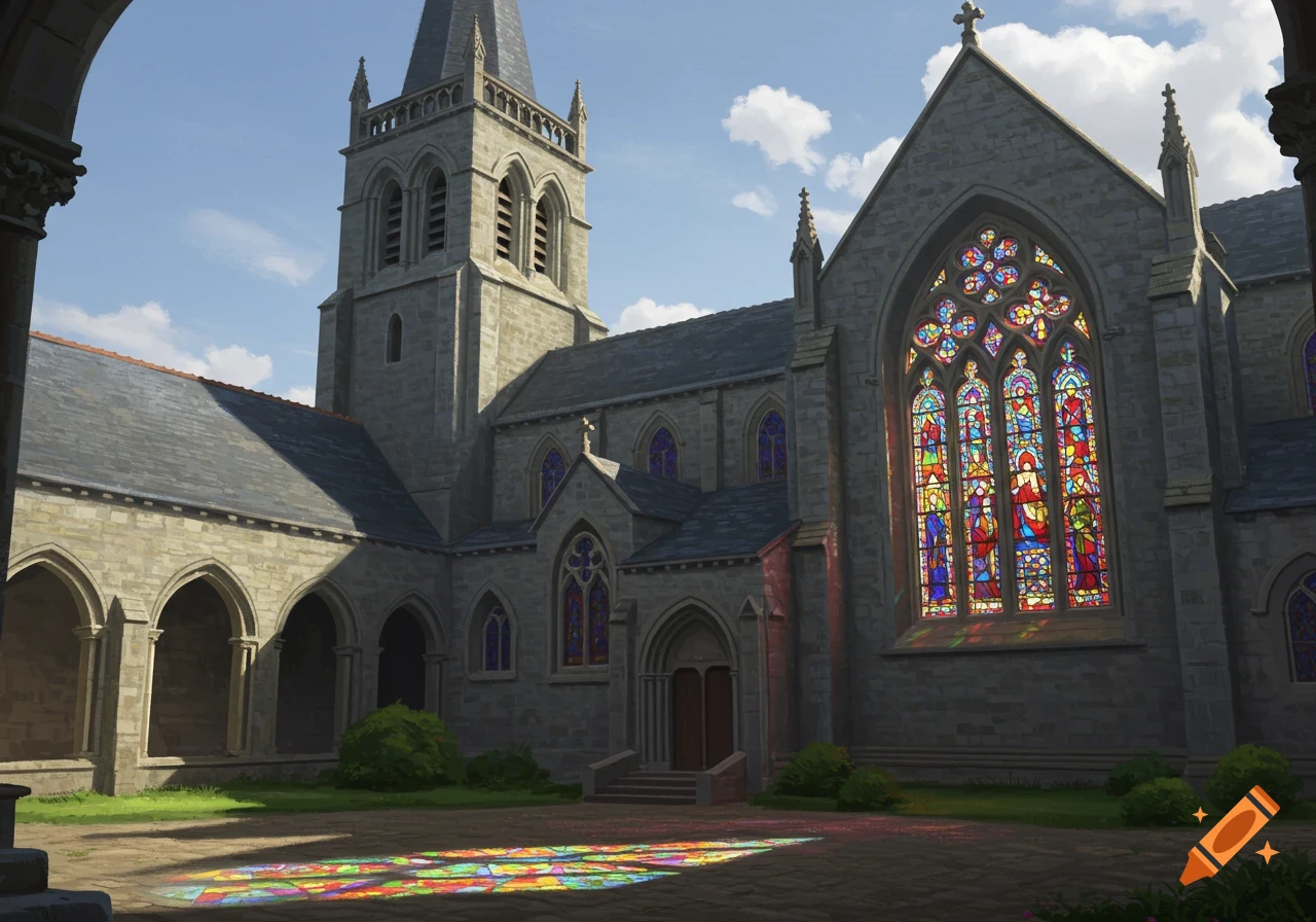 A greystone church with a tall bell tower and colorful stained glass windows casting light on a courtyard.