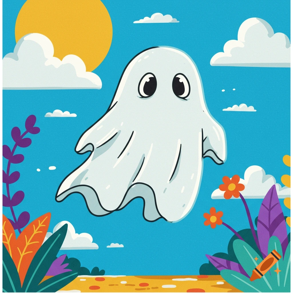 A cute cartoon ghost floats in a bright blue sky with a yellow sun, clouds, and colorful plants.