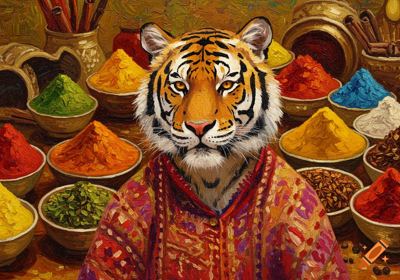 A tiger in a colorful patterned robe stands amidst bowls of colorful spices, painted in a vibrant impasto style.
