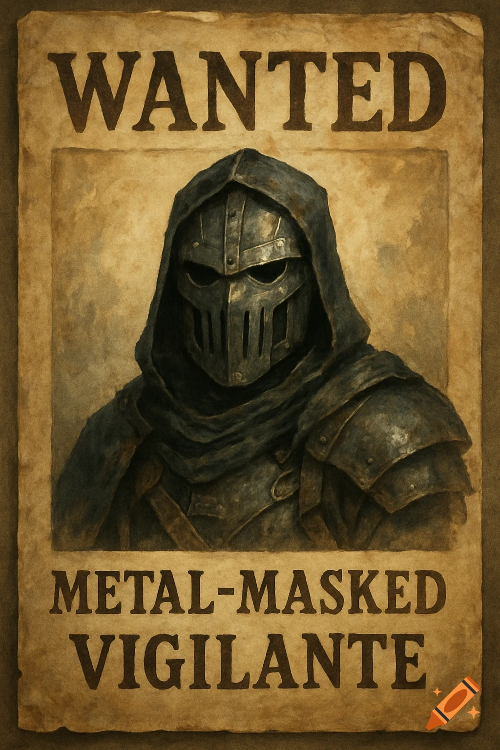 A gritty fantasy wanted poster featuring a hooded figure in dark metal armor and mask, with text 'WANTED METAL-MASKED VIGILANTE'.