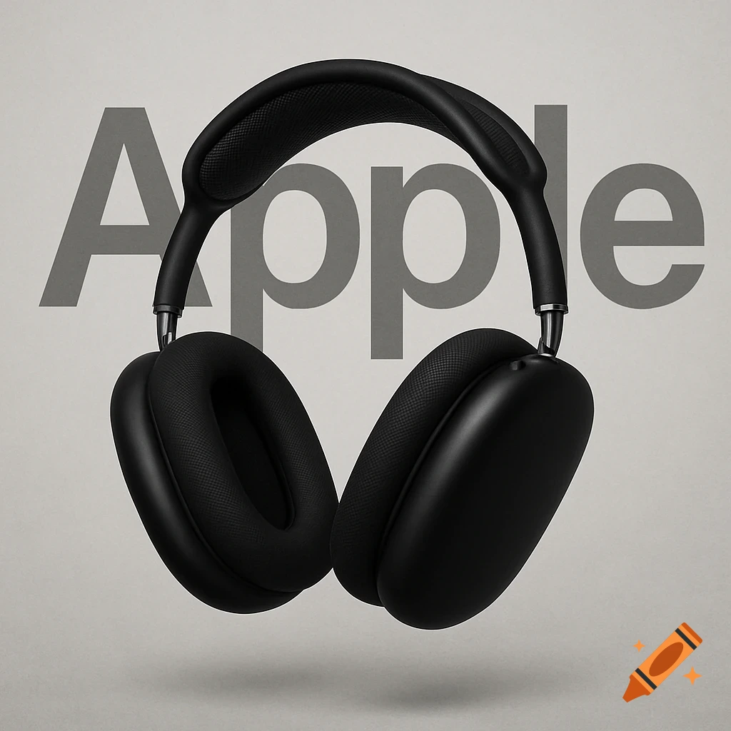 Photorealistic image of black Apple AirPods Max headphones floating against a gray background with the Apple logo.