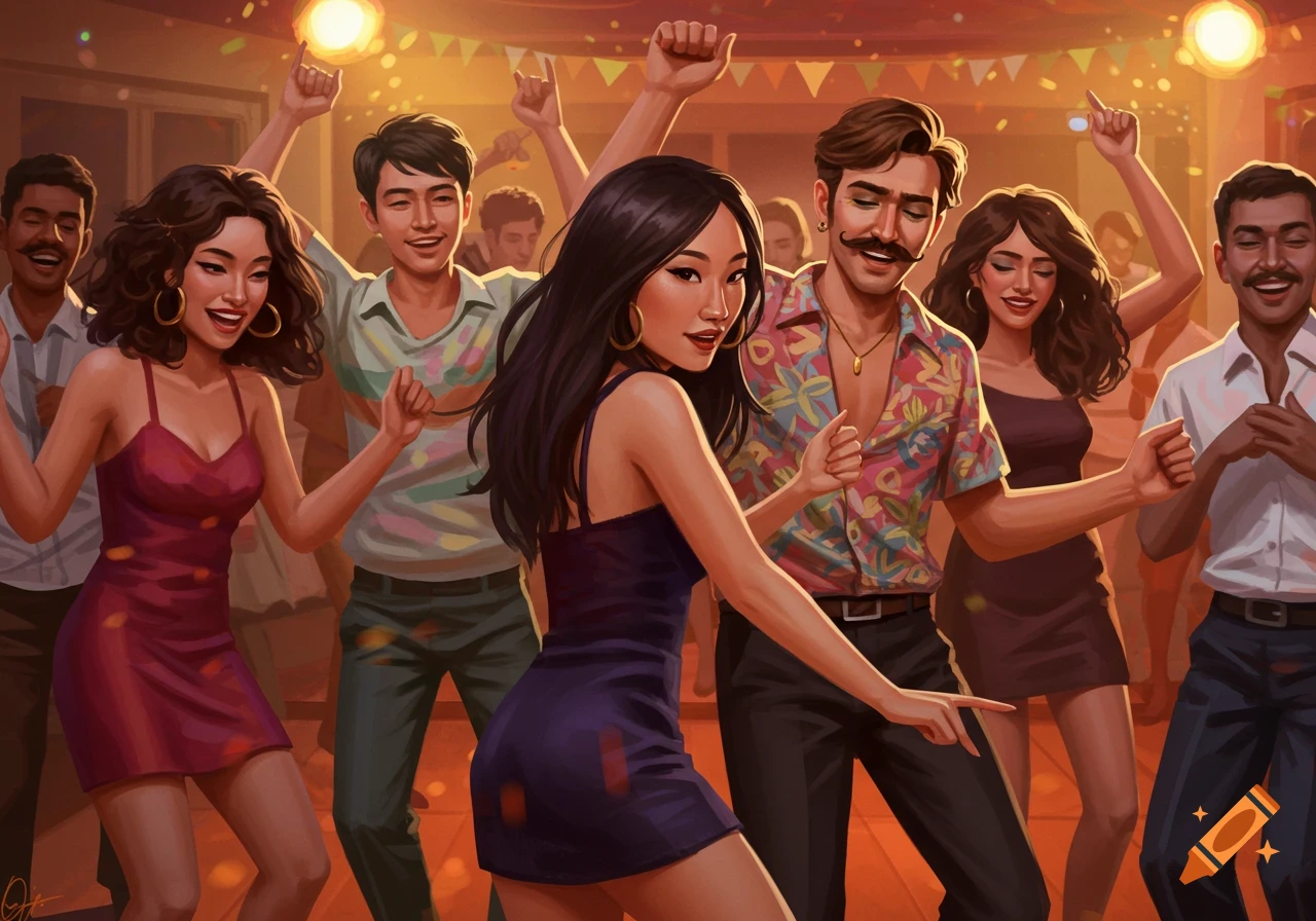 Diverse people joyfully dancing at a lively party under warm lights in an illustrative style.
