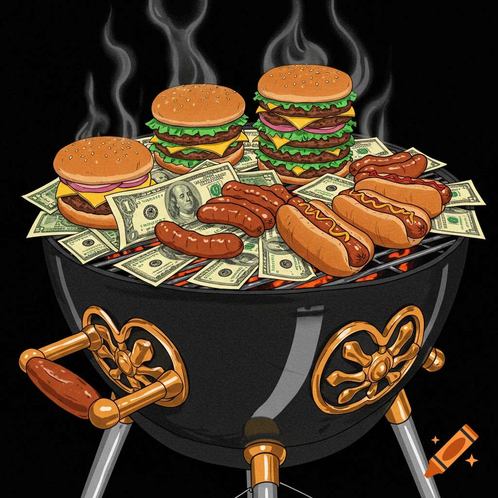 An illustration of a barbecue grill loaded with hamburgers, hot dogs, and US dollar bills, with smoke rising.