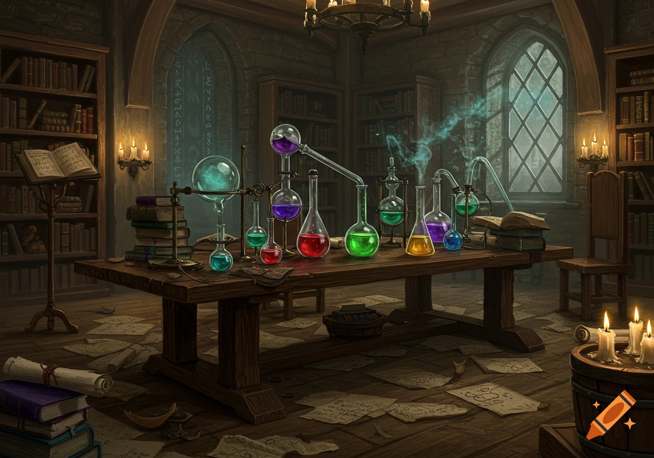 A detailed view of a medieval wizard's library, with a large wooden table holding various beakers and retorts with colorful liquids, surrounded by bookshelves and scrolls.