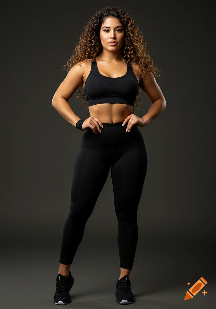 A photorealistic full-body shot of an athletic woman with curly brown hair in black gym wear, posing against a neutral dark background.