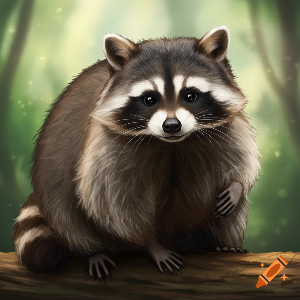 A digitally painted fat raccoon with brown and white fur sits on a log in a blurry green forest background.