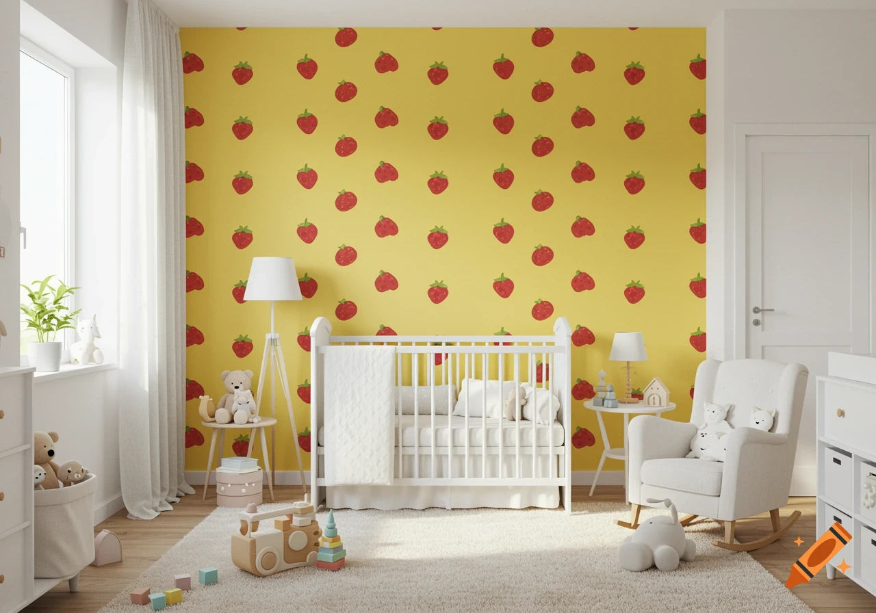 A bright photorealistic baby nursery with a yellow accent wall covered in strawberry patterns, a white crib, and a white rocking chair.
