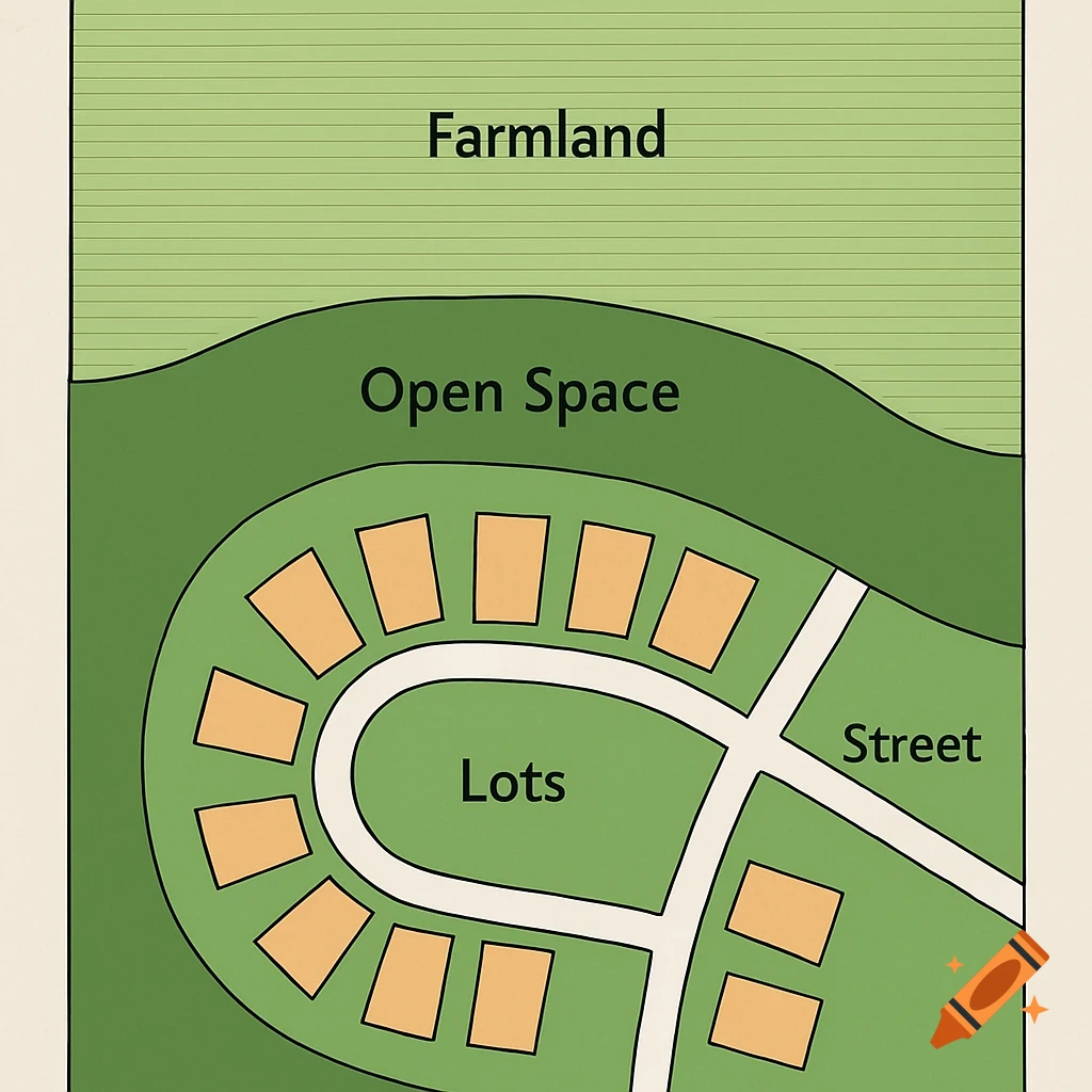 A simple top-down diagram of a conservation subdivision with labeled areas for farmland, open space, lots, and a street.