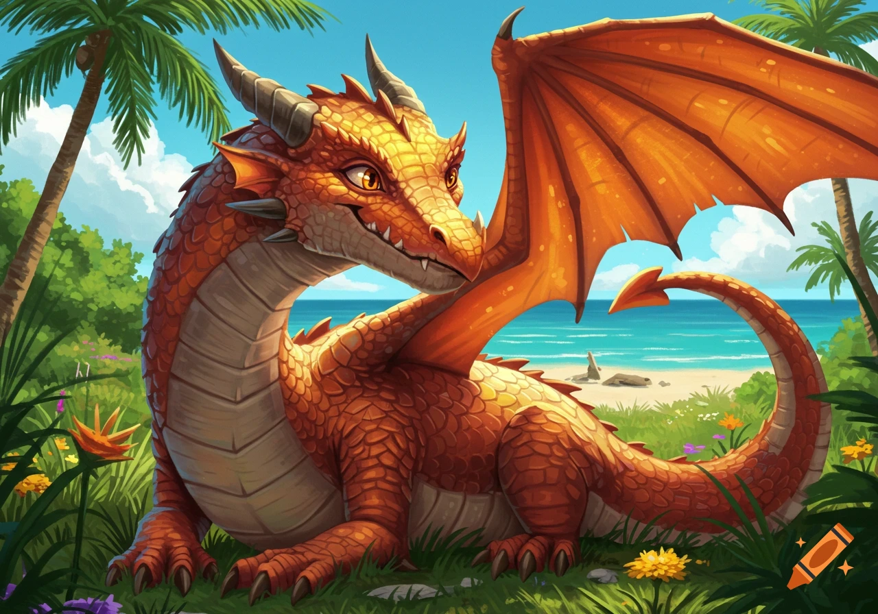 A friendly orange dragon with large wings rests on a grassy tropical beach with palm trees and a blue ocean under a clear sky, in an illustrated style.