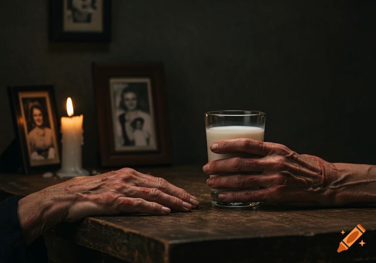 Photorealistic still life of scarred hands, one holding a glass of buttermilk, on a wooden table with a lit candle and blurred framed photos.