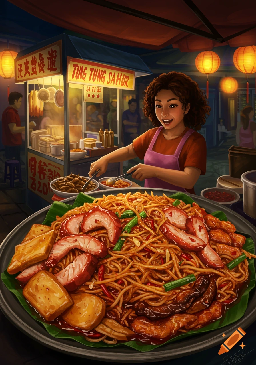 A smiling woman serves a giant plate of noodles with meat and tofu at a vibrant street food stall with lanterns at night.